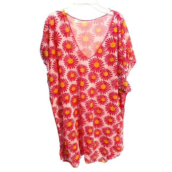 Stylish Swimwear Pink Yellow Daisy Print Large Beach Swim Cover Up Sheer Hippie - Picture 1 of 7